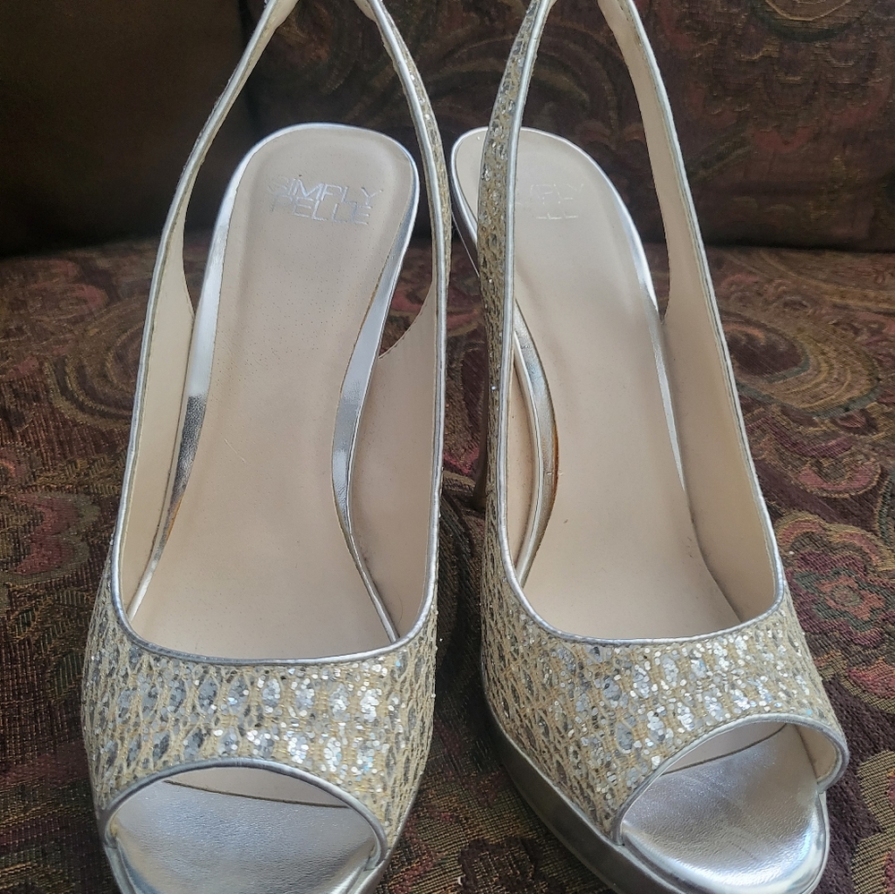 Giold and silver glittery sling heels Size 8/5 peep toe Wedding bridal party